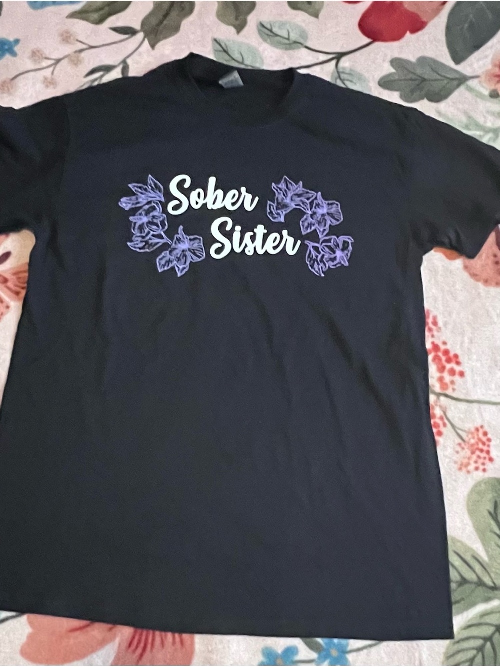 Gildan Black Tee with White Script and Purple Floral Accents